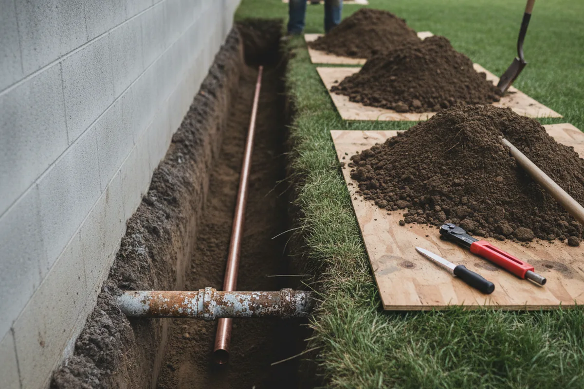 Excavated water line trench during Sewer Line Repair in Cromwell